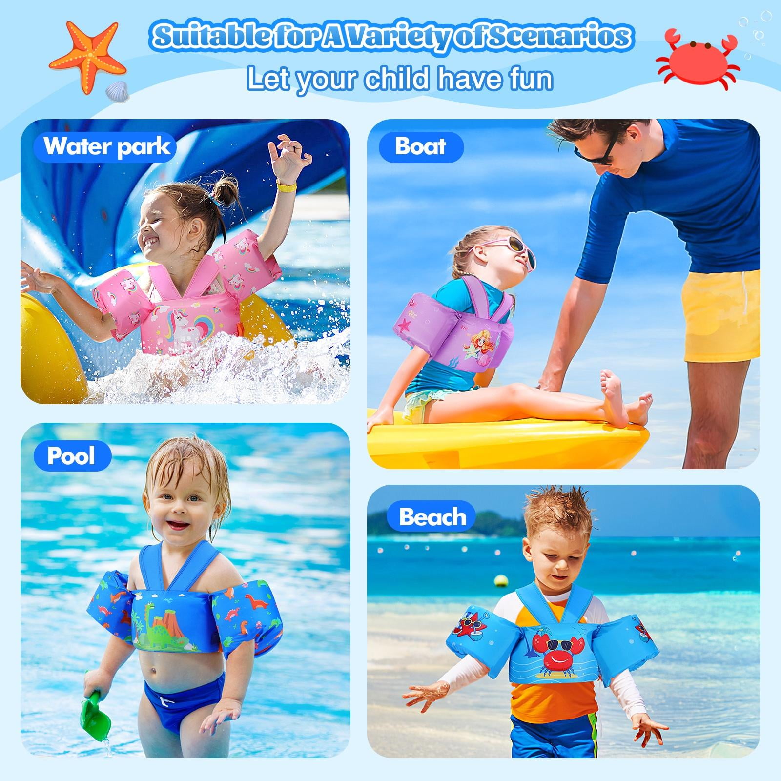 MoKo Toddler Swim Vest for Kids 20-30-50lbs, Swim Arm Floaties Pool Learning Swim Training Equipment, Pink Unicorn