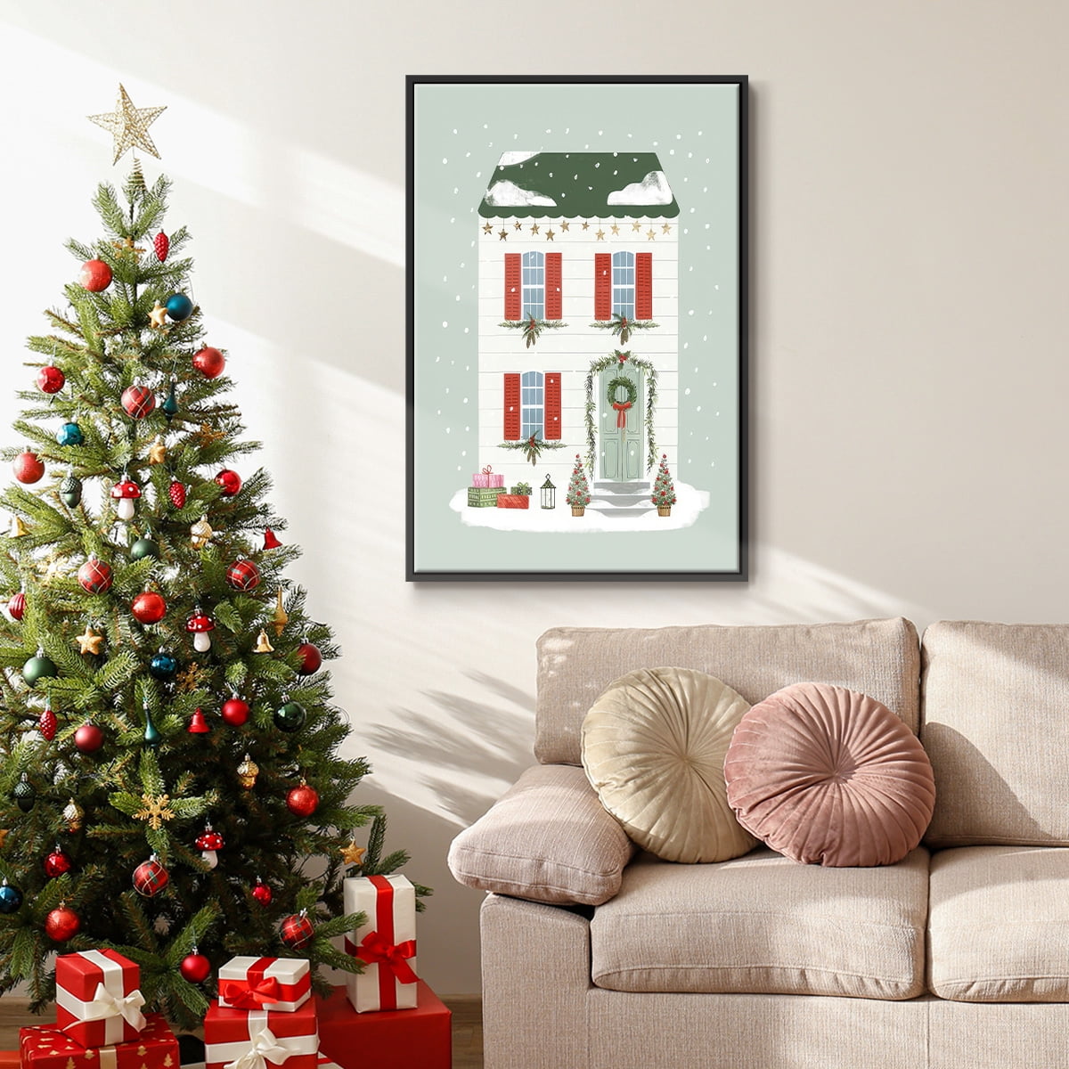 Festive Front Door IV - Framed Gallery Wrapped Holiday Canvas - 17 x 25 - Black Frame