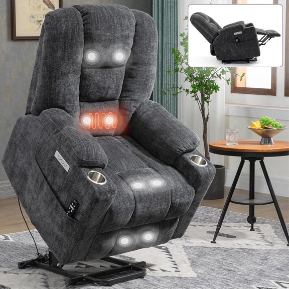 YWEN Large Power Lift Recliner Chair with Massage and Heat for Elderly, Overstuffed Wide Recliners, Heavy Duty Motion Mechanism with USB and Type C Ports, 2 Steel Cup Holders