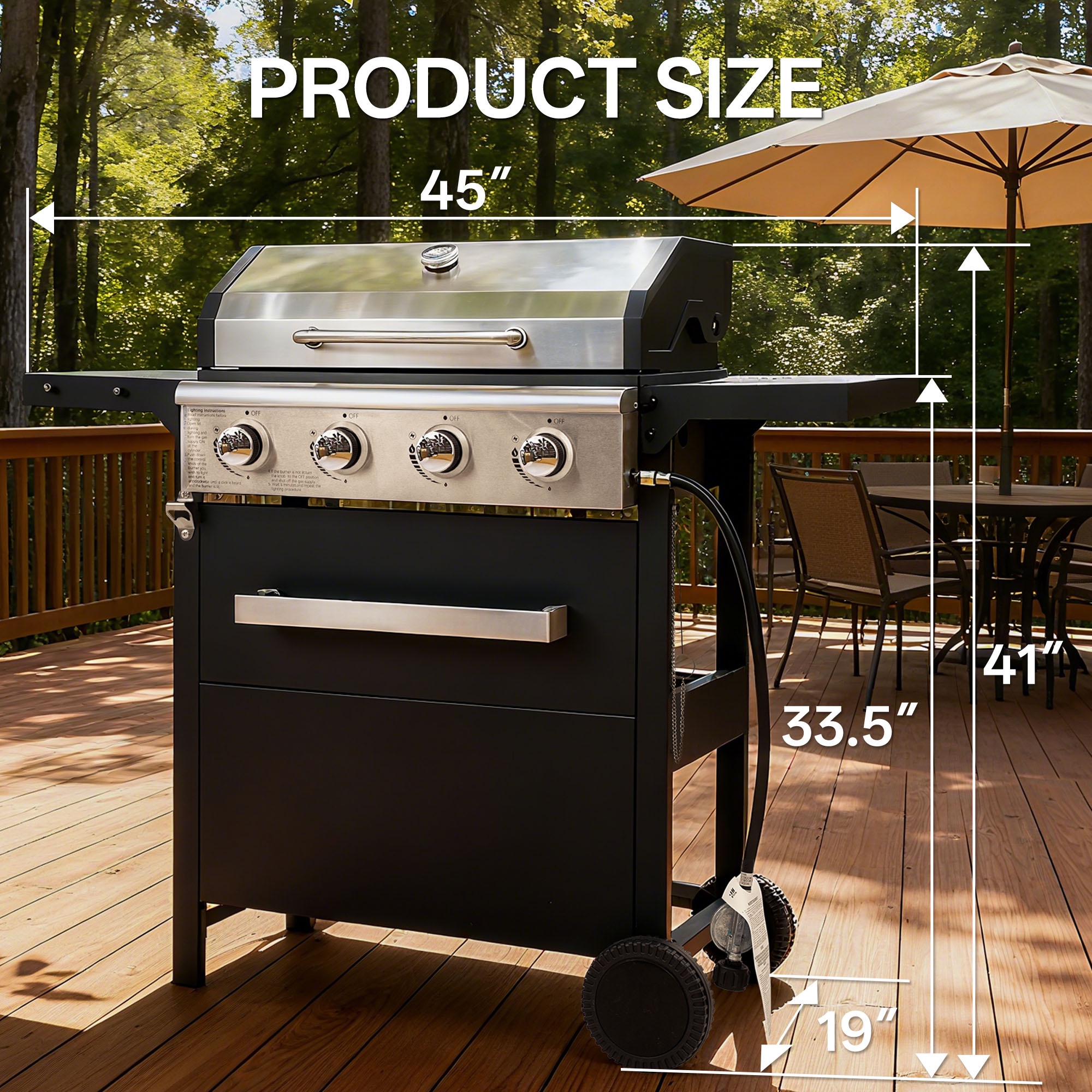 Seizeen 4-Burner Gas Grill, Propane Gas Grill with Stainless Steel Lid, Large Cooking Area, Side Shelves & Storage Cabinet, Portable Outdoor BBQ Grill