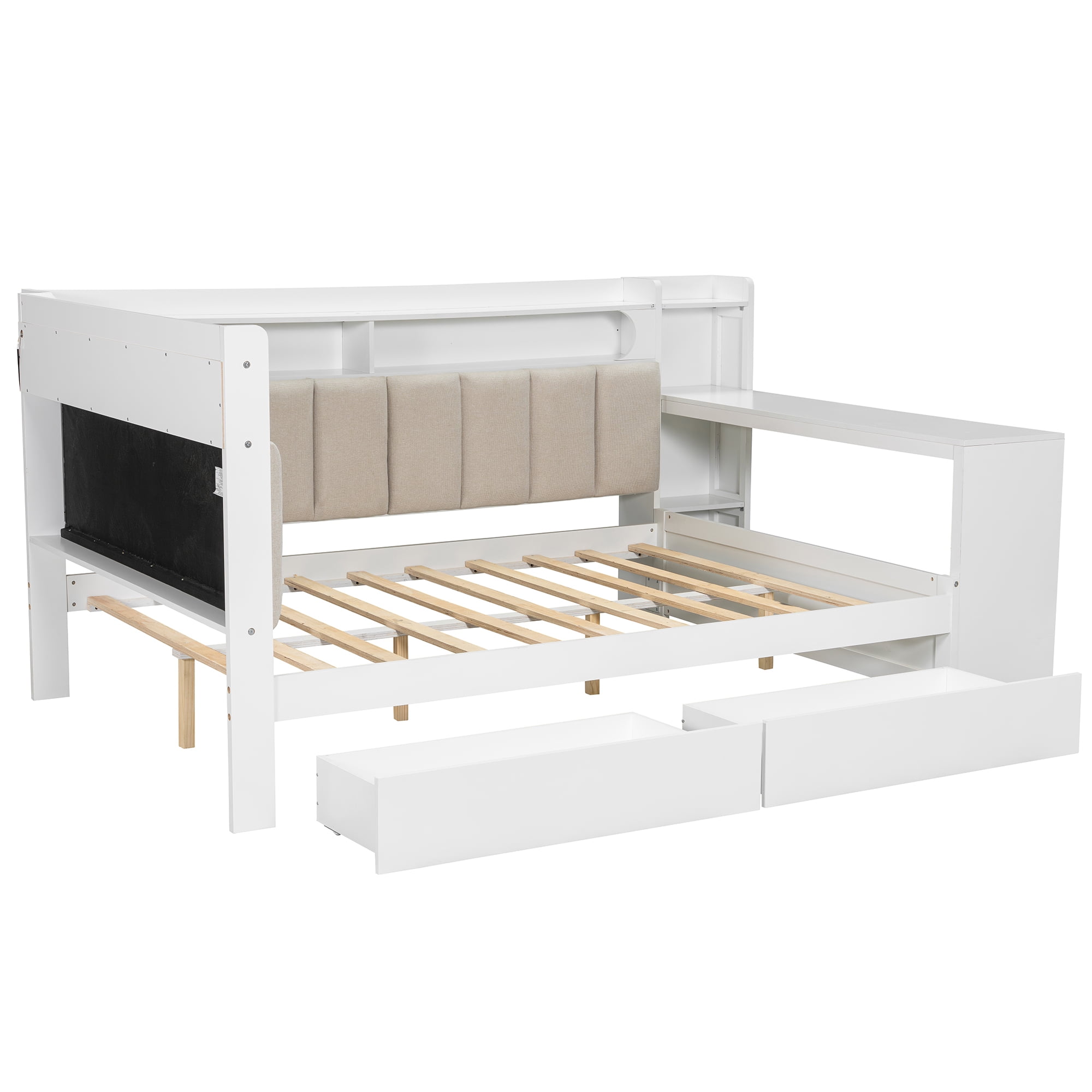 Euroco Wood Full Size Daybed with Storage Desk and Shelves, Bed with Upholstered Headboard and Backrest, LED Light, USB Ports and Drawers, White