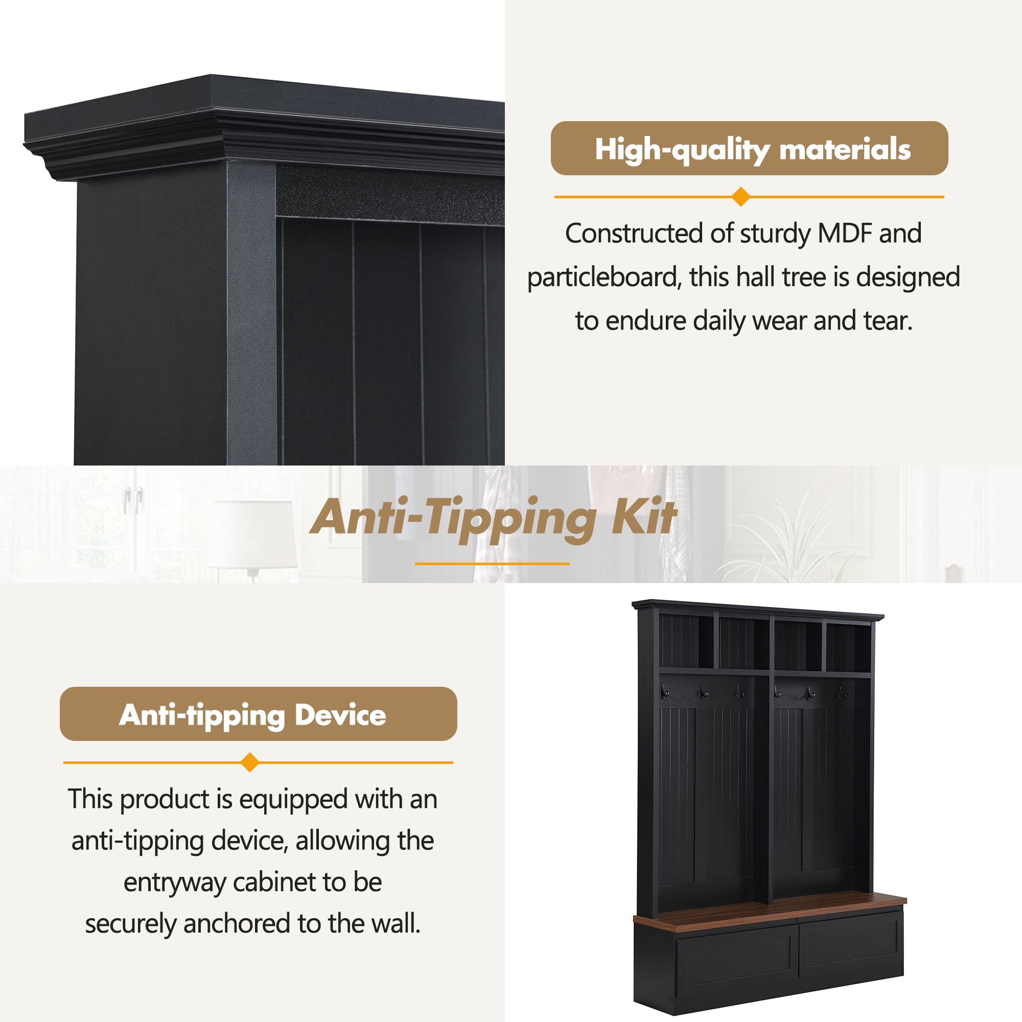 T-Foyer Farmhouse Black Hall Tree with 6 Hooks & Bench, Wooden Rustic Entryway Organizer with Open Storage & 2 Drawers