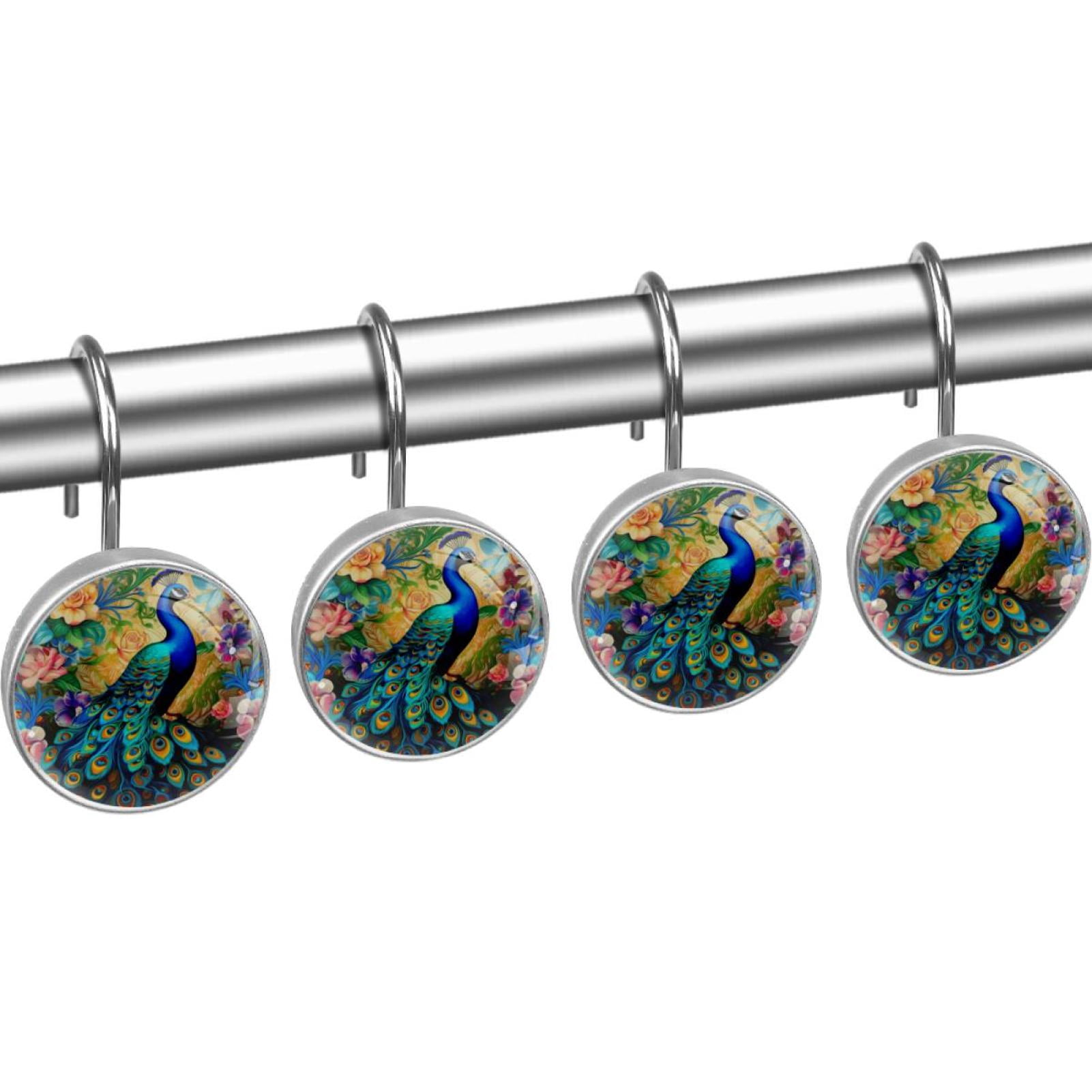 Peacock Shower Curtain Hooks （Set of 12） for Home Hotel Shower Rods Bathroom Crystal Glass Print Stainless Steel Round Curtain Hooks