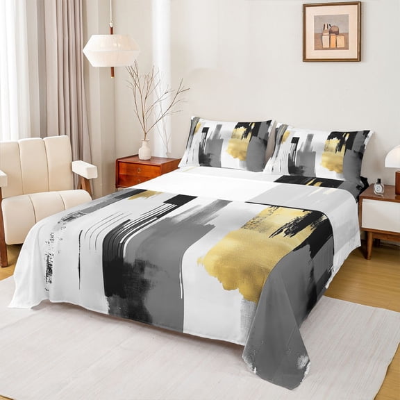 jejeloiu Abstract Geometric Stripes Twin Sheet Sets,White Gray Gold Bedding For Men Women 3-Piece
