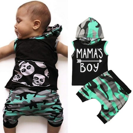 

Qtinghua Summer Newborn Infant Baby Boy Clothes Mama s Boy Letter Hooded Tops Camo Shorts Outfits Black 3-4 Years