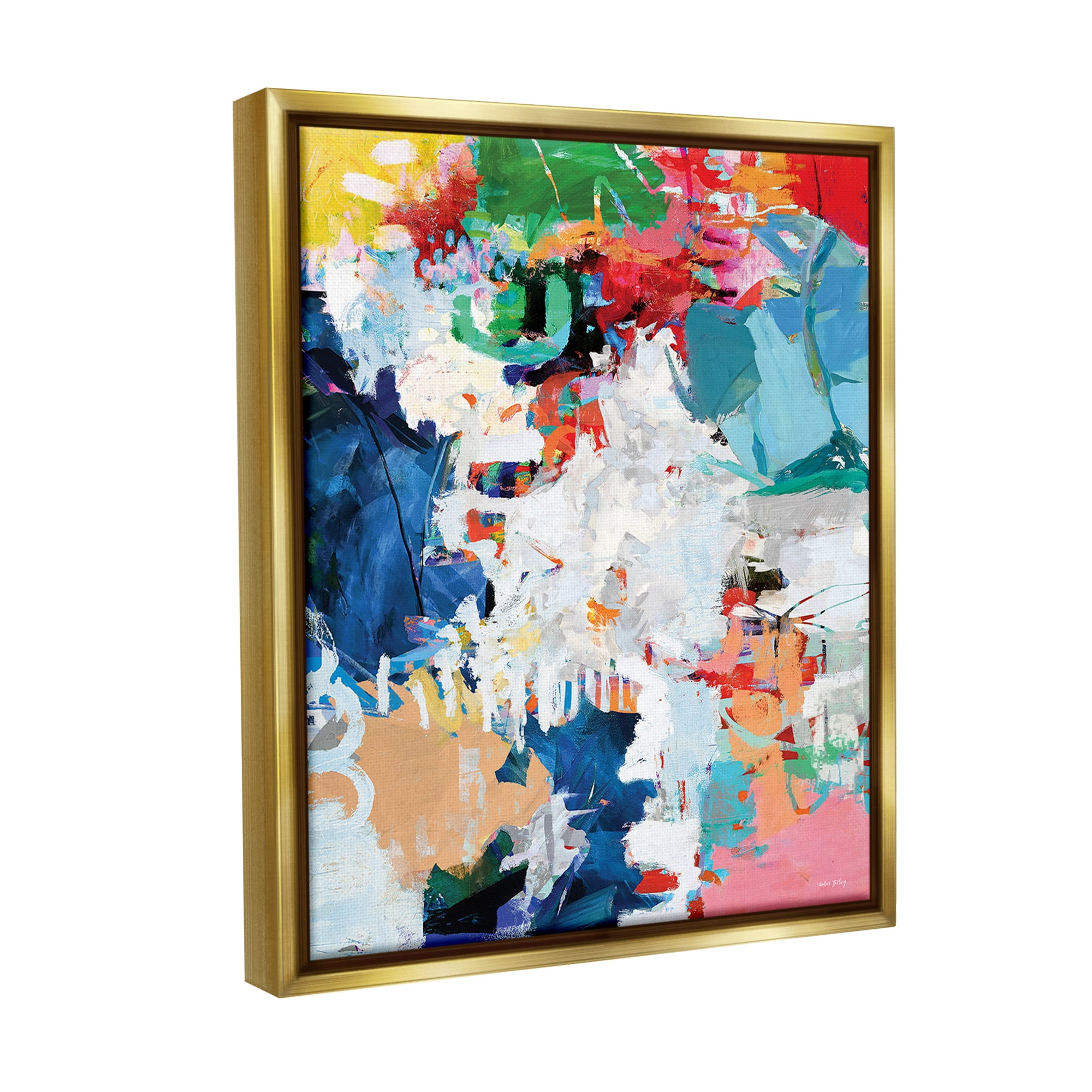 Stupell Industries Varied Expressive Collage Abstract Painting Gold Floater Framed Canvas Art Print Wall Art, 25 x 31