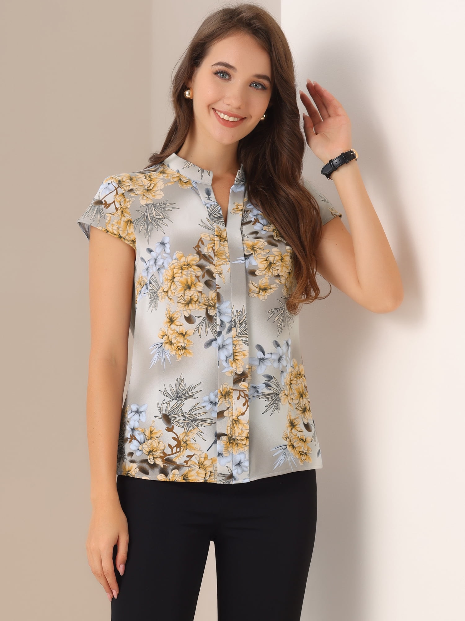 DARING DIVA Floral Vintage Cap Sleeve Casual Blouse L Gray Apricot