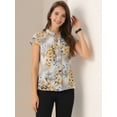 thumbnail image 4 of DARING DIVA Stand Collar Floral Silky Work Blouse Top Navy Blue XS S Gray Apricot, 4 of 6