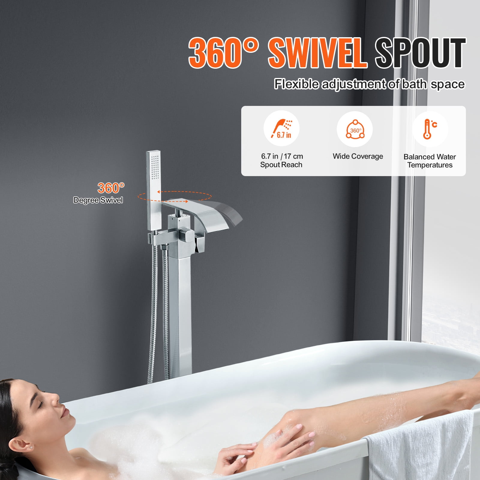 KFFKFF 360?? Freestanding Bathtub Two Water Modes Faucet Floor Standing