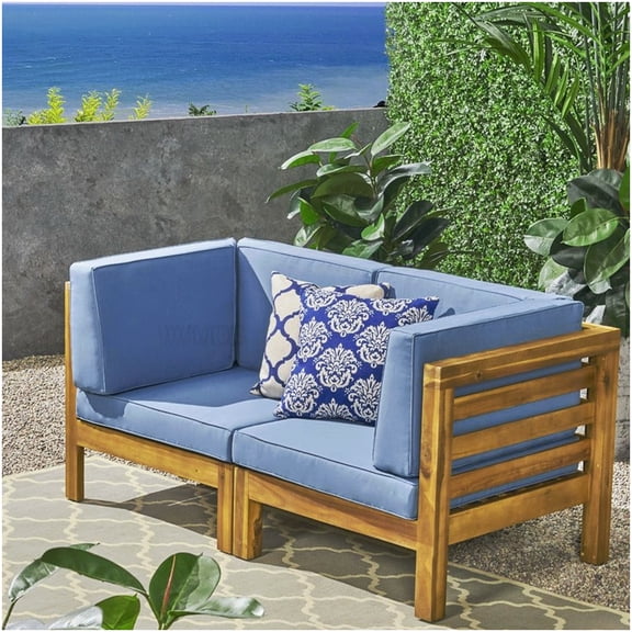 Modern Outdoor Loveseat Set of 2 Pieces in Blue with Acacia Wood Frame & Water-Resistant Cushions