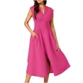 thumbnail image 5 of Uscallm Women's Summer Casual V Neck Short Sleeve Midi Dresses Flowy A-Line Zip Boho Beach Vacation Solid Maxi Sundresses, Hot Pink M, 5 of 9