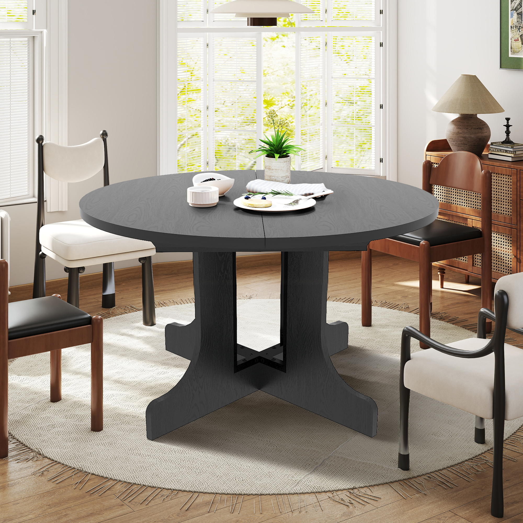 Aukfa Extendable Dining Room Table for 4-6,Oval Table Top with Removable Leaf for Kitchen Dining Living Room,Black