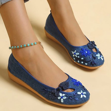 

Ykohkofe Floral Embroidery Frog Button Decor Flats For Women Slip On Shallow Mouth Simple Single Shoes Casual Shoes Work Shoes