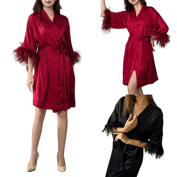Elainilye Fashion Women's Robes Homewear Pajamas Feather Long Sleeve Nightgowns Nightdress Sleepwear Pajama,Black