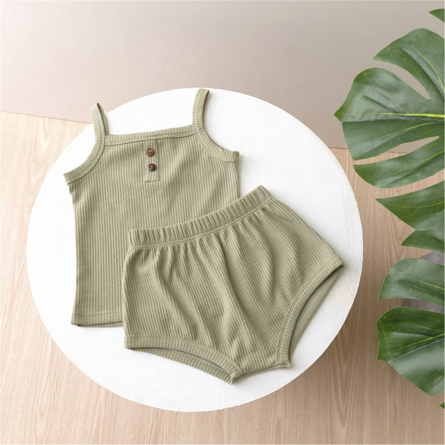 Toddler Baby Girl Summer Clothes Ribbed Sleeveless Button Front Cami Tops and Shorts Infant Outfits Set