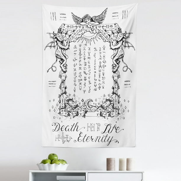 White Tapestry, Gothic Medieval Magic and Spell Eternal Life Chart Themed Art, Fabric Wall