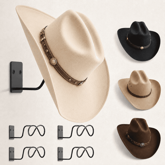 Cowboy Hat Holder, (4 Pack) Cowboy Hat Rack for Wall Mount, Metal Hat Organizer Storage Cowboy Hats Hanger Hooks for Fedora, Sun Hats, Wide Brim