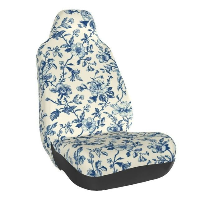 Wukai Vintage Blue Floral Full Set Car Seat Covers with Soft Padding Universal Auto Front Seats Protector and Cushion Mat