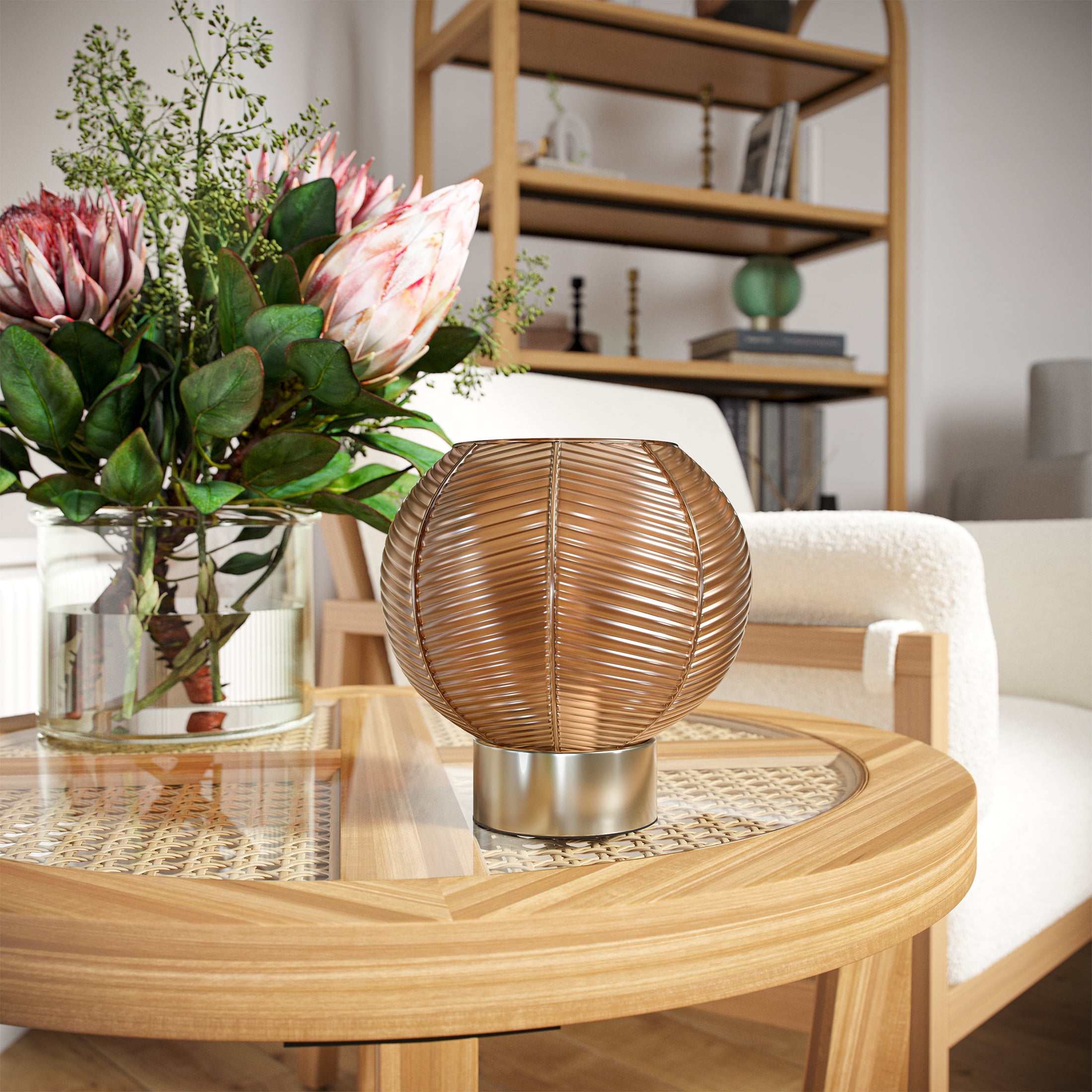 (2 pack) Beautiful by Drew Barrymore 8" Gold Base Table Lamp with Ribbed Glass Shade