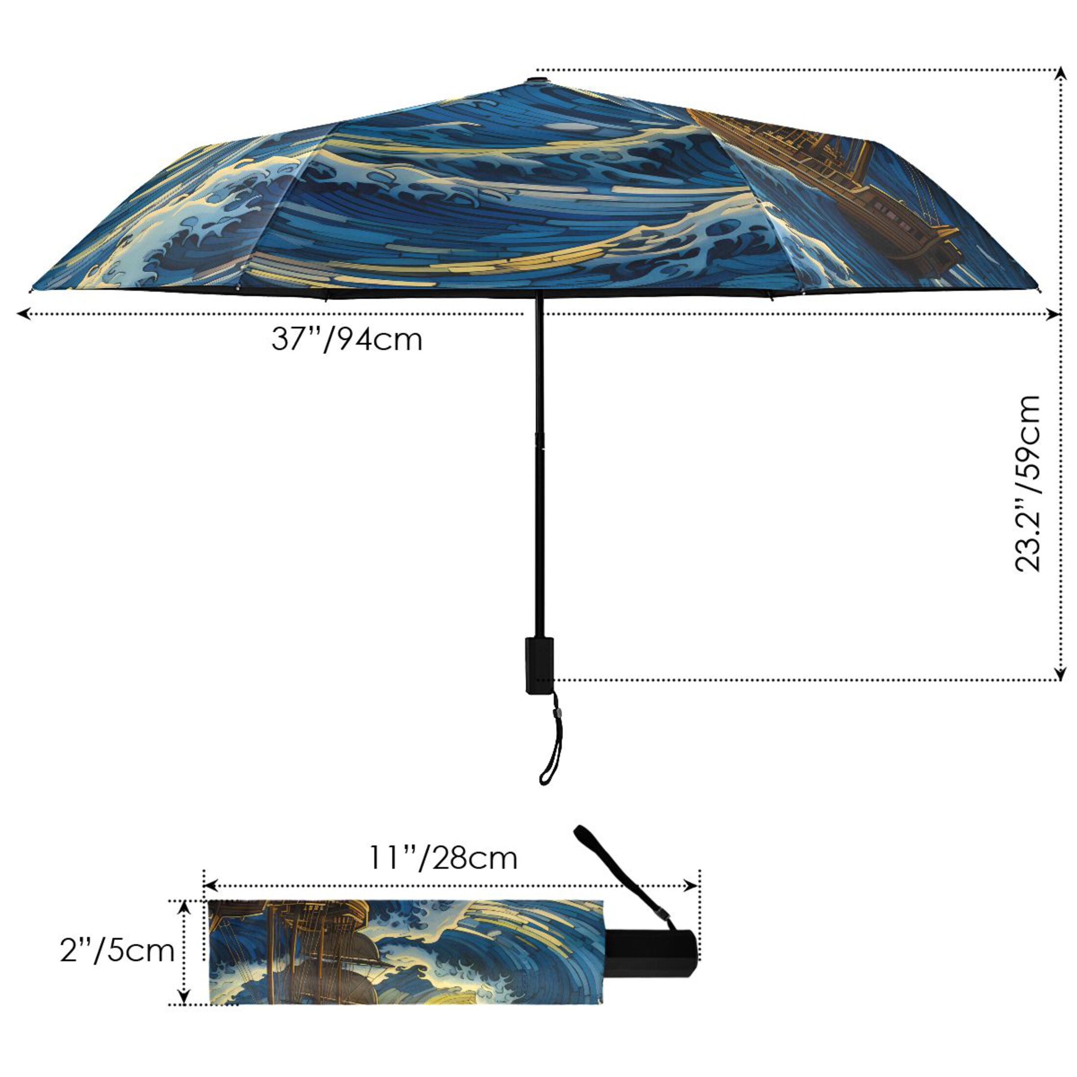 Boat on Wave and Sun Compact Sun Umbrella Windproof Travel Umbrellas for Rain Strong Portable UV Protection