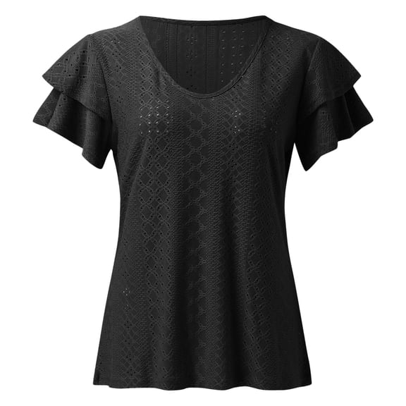 Aayomet Y2k Tops Women's Short Sleeve Casual T Shirts Summer Ruffle Plain Round Neck Loose Fit Tee Blouse Tops,Black M