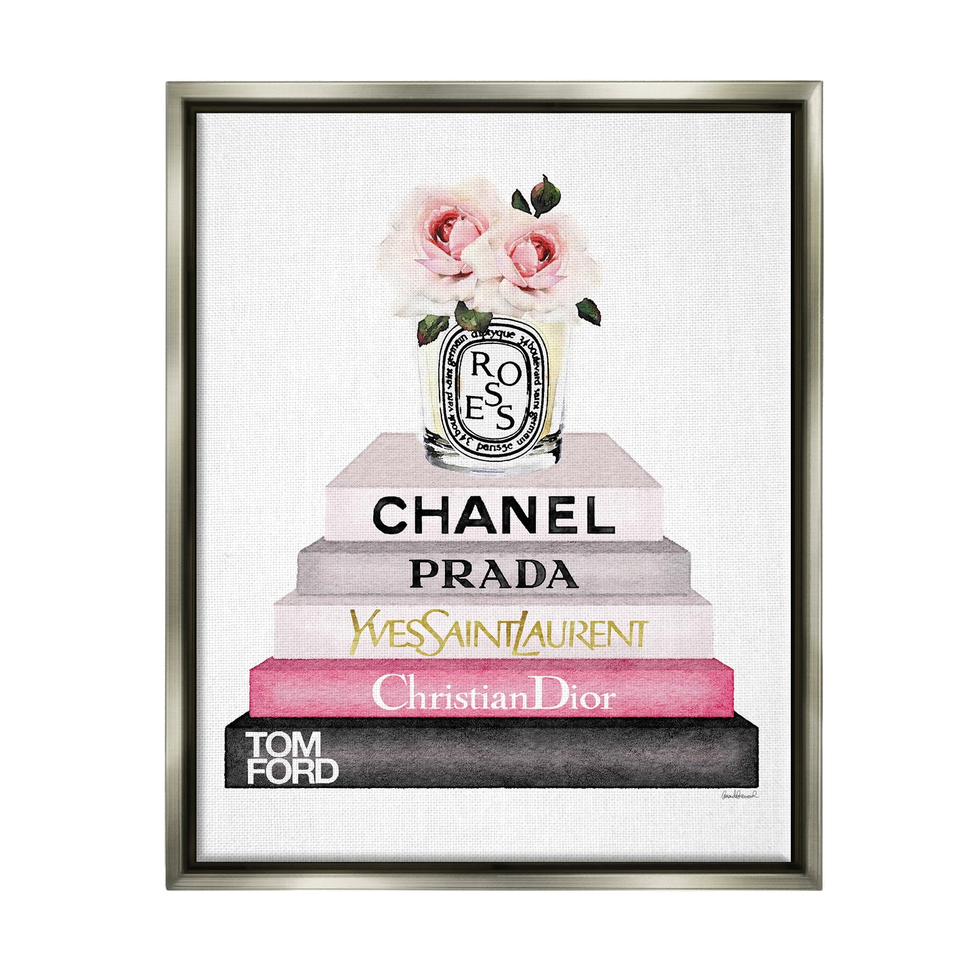 Stupell Industries Book Stack Fashion Candle Pink Rose Luster Gray Framed Floating Canvas Wall Art, 16x20, by Amanda Greenwood