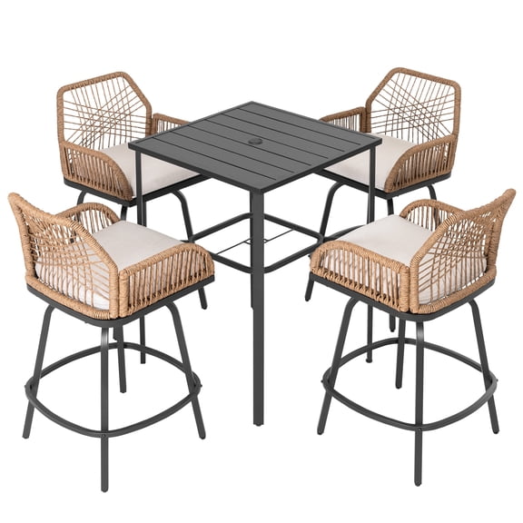 Nuu Garden 5-Piece Patio Bar Set with Removable Cushions, Outdoor Bar Height Table and 4 Handwoven Twisted Rattan Swivel Patio Bar Stool Chairs, Powder-Coated Metal Frame, Black and Beige