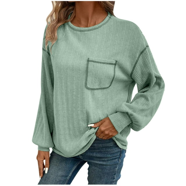 Timegard Ribbed Tops for Women Crew Neck Puff Long Sleeve Blouse Fall Winter Casual Loose Comfy Tops