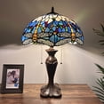 thumbnail image 3 of Tiffany Table Lamp Blue Stained Glass Dragonfly Included LED bulbs Pull Chain Switches For Living Room Bedroom Bedside 16"W*16"D*24"H, 3 of 6