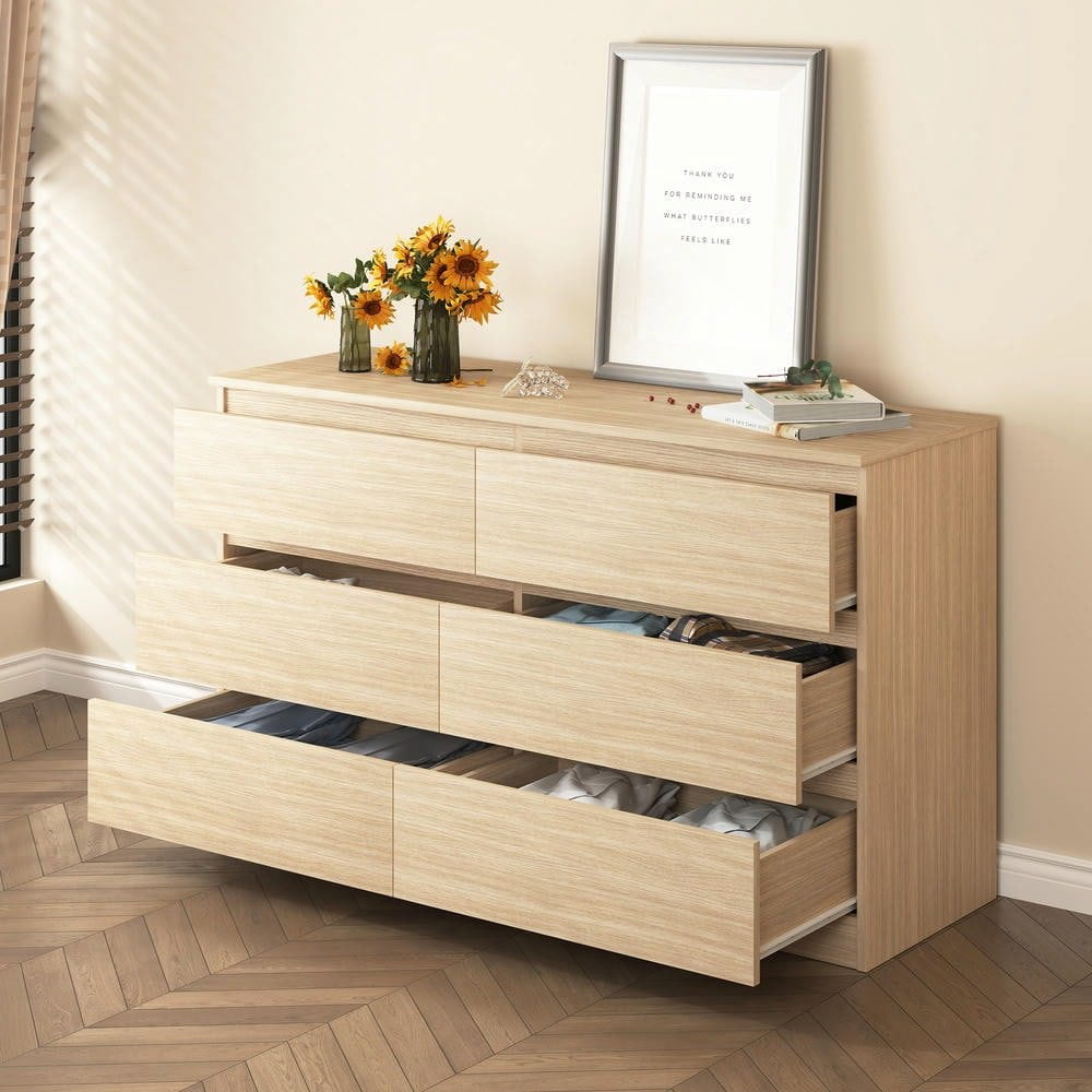 Resenkos 6-Drawer Dresser, Light Woodgrain Chest, Spacious Storage, 150lb Top Capacity, Smooth Metal Slides, Brown