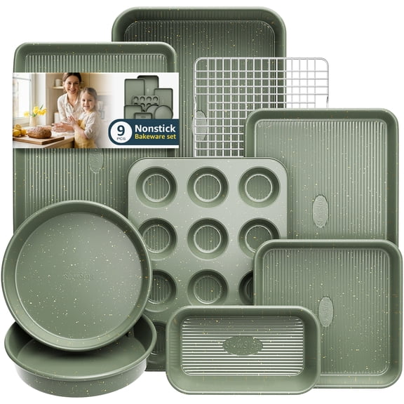 Slow Slog Baking Pan Set, 9 Pcs Stackable Carbon Steel Nonstick Bakeware Set with Cooling Rack, Muffin & Cake Pan& Cookie Sheet, Oven Safe 428°F,Green