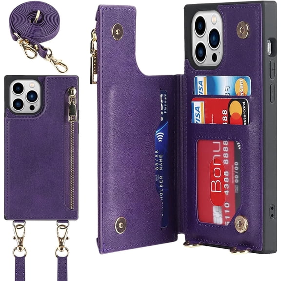 Crossbody Wallet Case for iPhone 14 Pro Max with Card Slot Holder,iPhone 14 Pro Max Magnetic Flip Folio Purse Case, PU Leather Zipper Handbag with Detachable Lanyard Strap 6.7 Inch 5G (Purple)
