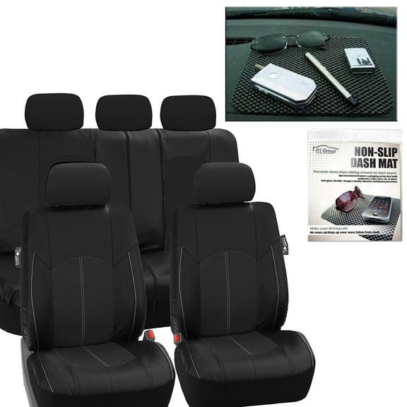FH Group Perforated PU Leather Car Seat Covers for Auto Car Sedan SUV Van - Universal Fit Car Seat Protector Waterproof, UV-Resistant with Auto Dash Grip Pad PU008115BLACK-FH1002