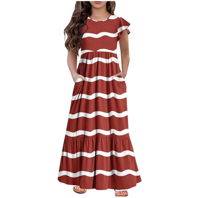 Bwiyojiz Tailles de Mode 130-160 Robe d'Été à Manches Courtes Col Rond Couleur Unie pour Filles, Rouge