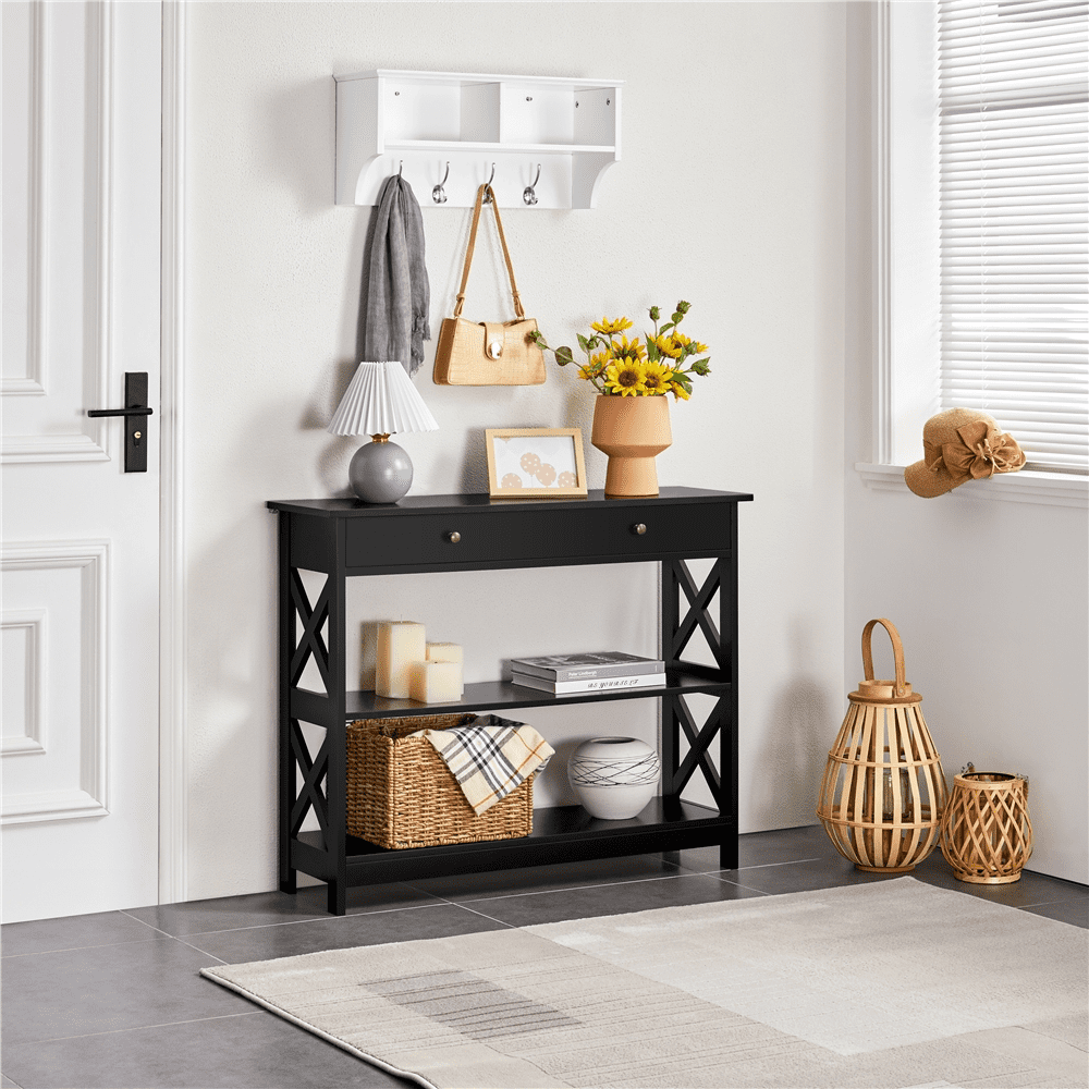 Renwick 3-Tier X-Design Wood Console Table with Storage Drawer, Black