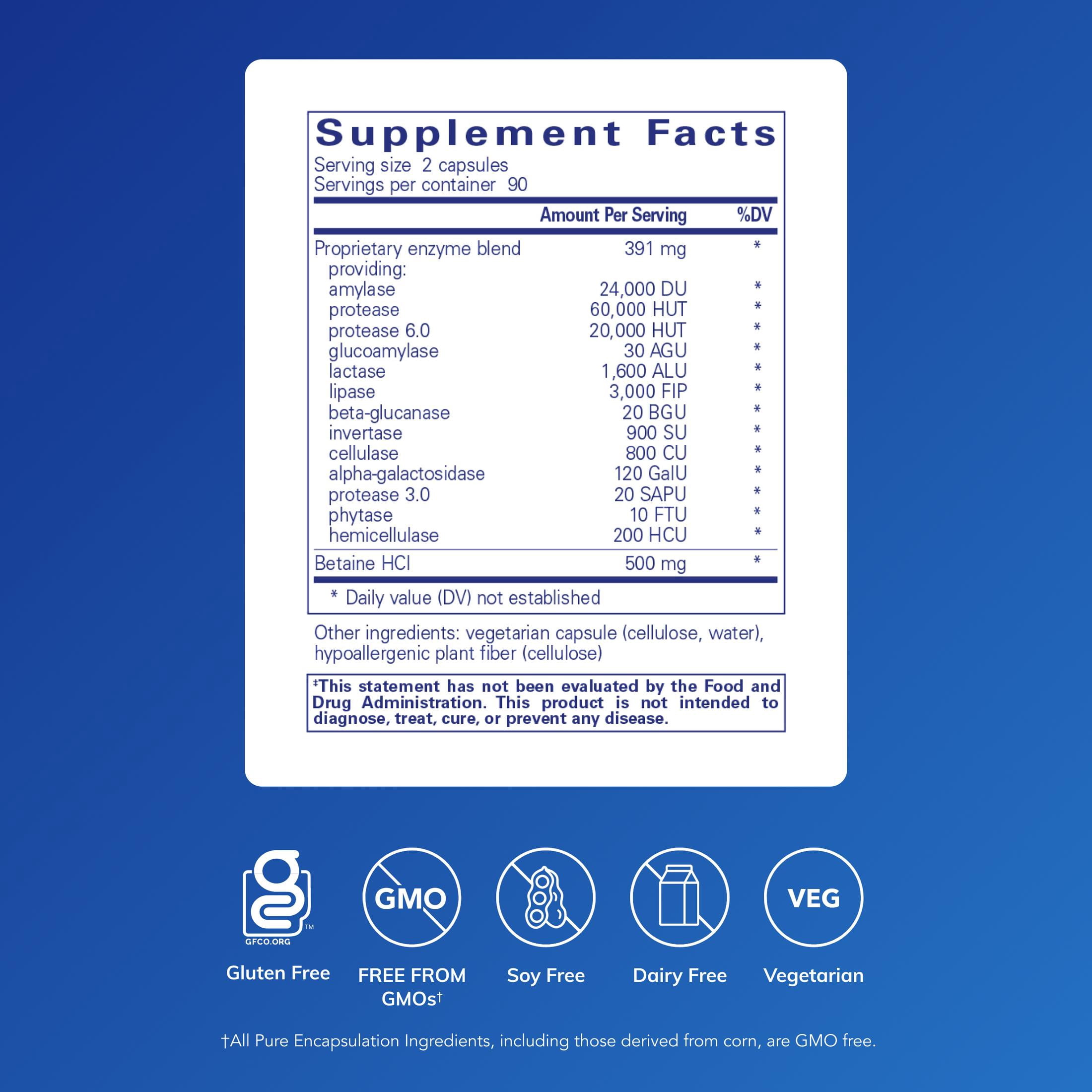 Pure Encapsulations Digestive Enzymes Ultra with Betaine HCl - Vegetarian Digestive Enzyme Supplement to Support Protein, Carb, Fiber, and Dairy Digestion* - 180 Capsules