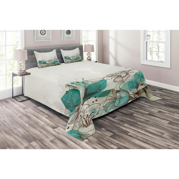 Turquoise Coverlet Set King Size, Retro Floral Background with Hibiscus