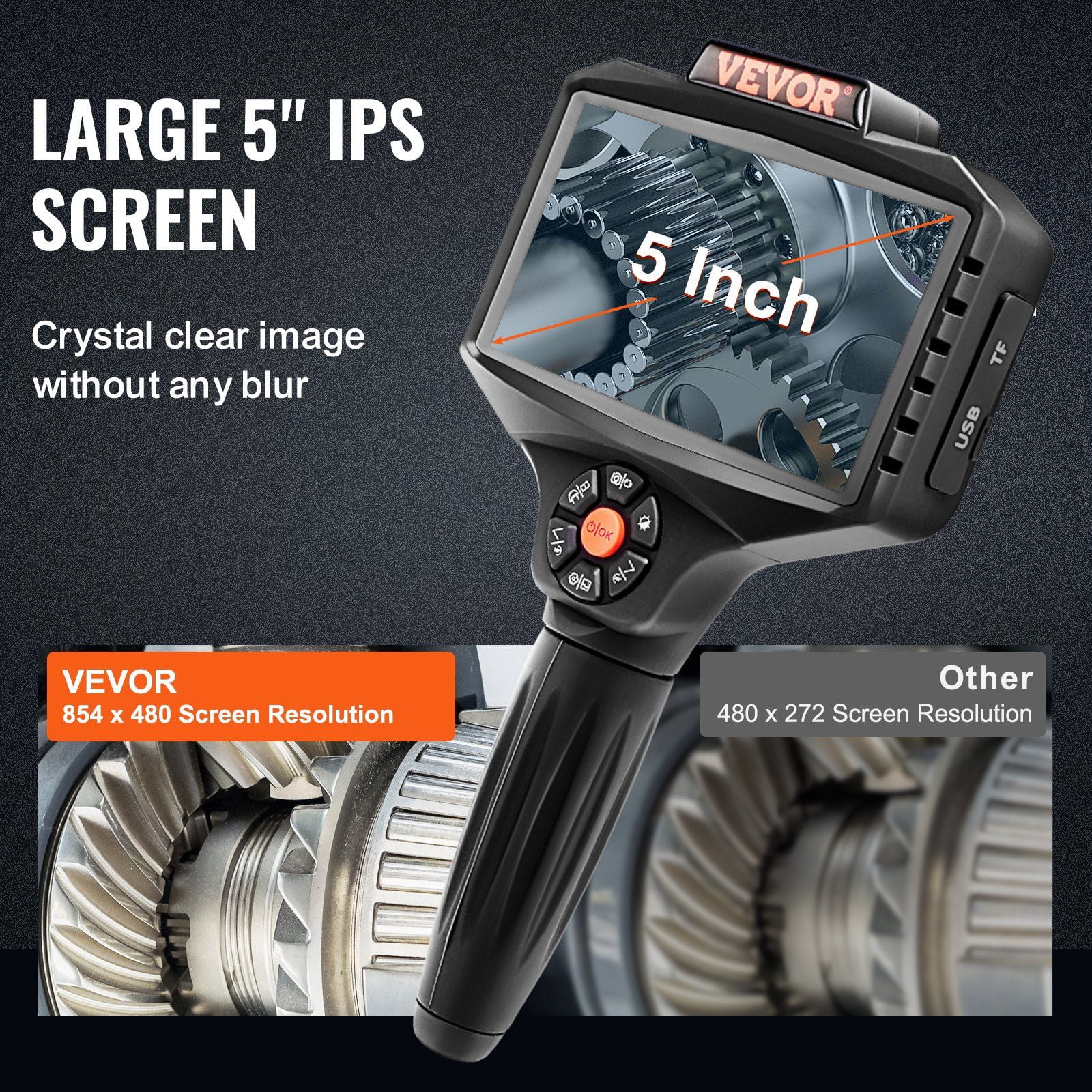 Triple Lens Industrial Endoscope, 5" IPS Screen Borescope Inspection Camera with Lights, Split Screen, 8x Zoom, IP67 Waterproof Drain Snake Camera for Auto, Plumbing(16.5FT Cable, 32GB Card)