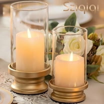 Sziqiqi Gold Hurricane Candle Holder: Set of 2 Candle Holders for Pillar Candles with Clear Glass Sleeve - Decorative Metal Pillars Stands for Wedding Party Christmas Holiday Dining Table Centerpiece