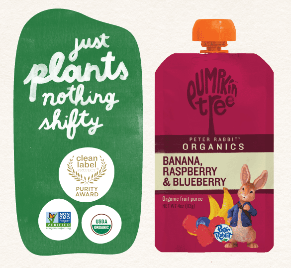 (12 pack) Peter Rabbit Banana, Raspberry & Blueberry Organic Fruit Puree, 4 oz Toddler Snack