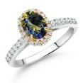 thumbnail image 2 of Gem Stone King 10K White Gold Blue Mystic Topaz White White Lab Grown Diamond Halo Engagement Ring for Women (1.26 Cttw, Oval 7X5MM, Gemstone, Size 7), 2 of 4