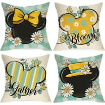 Spring Summer Decorative Throw Pillow Covers 18 x 18 Set of 4, Daisy Flower Eucalyptus Leaves Bloom Gather Cushion Case Decor, Teal Yellow Stripes Polka Dot Home Decoration