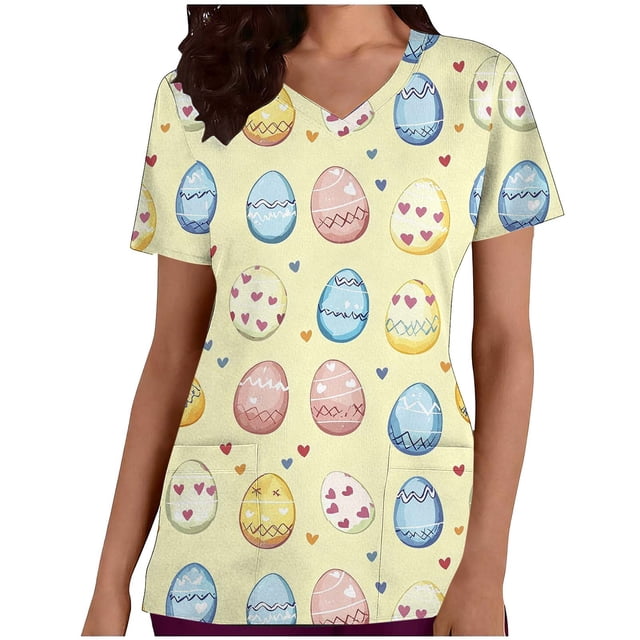 Blusa médica para mujer, con estampados navideños, cuello en V, manga corta, con bolsillos