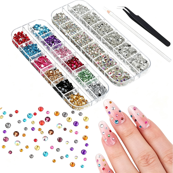 4488 Pcs Flatback Nail Art Rhinestones Set with Picker Tweezers, Multi Color Glass Crystal Gems for DIY Crafts Shoes Bags
