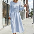 thumbnail image 2 of FRSASU Women's Long Sleeve Striped A Line Midi Dress Round Neck Smocked Elastic Waist Flowy Casual Daily Holiday Long Dress Blue, 2 of 8
