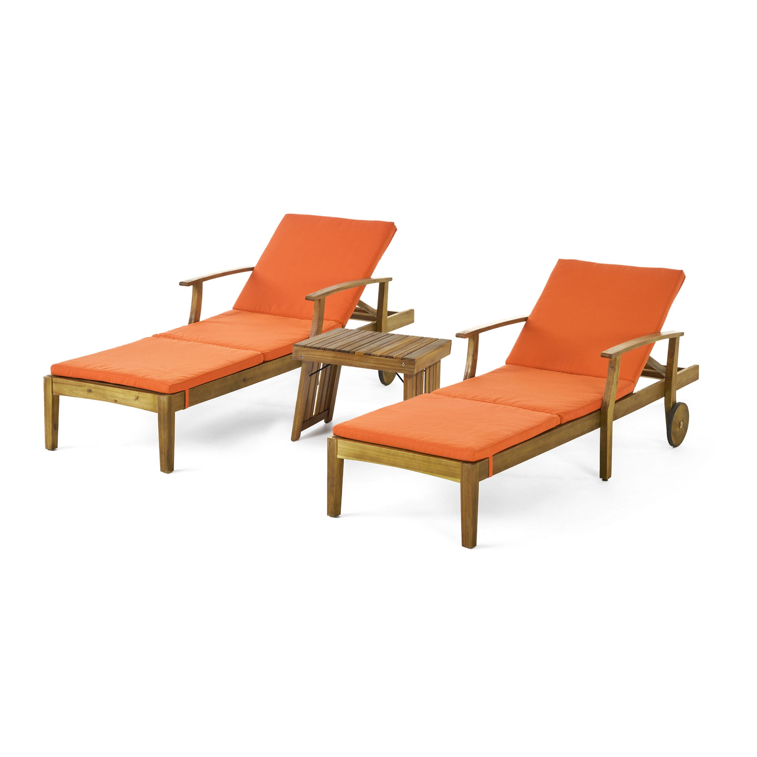 Giancarlo Outdoor Outdoor Acacia Wood 3 Piece Chaise Lounge Chat Set with Cushion, Teak/Orange
