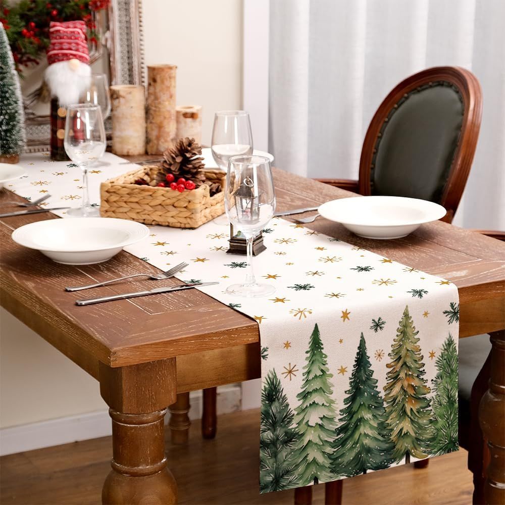 Christmas Table Runner 13x90 Inch, Xmas Trees Snowflakes Holiday Decorative Farmhouse Table Decoration for Kitchen Dinning, Indoor Outdoor Dinner Party Decor