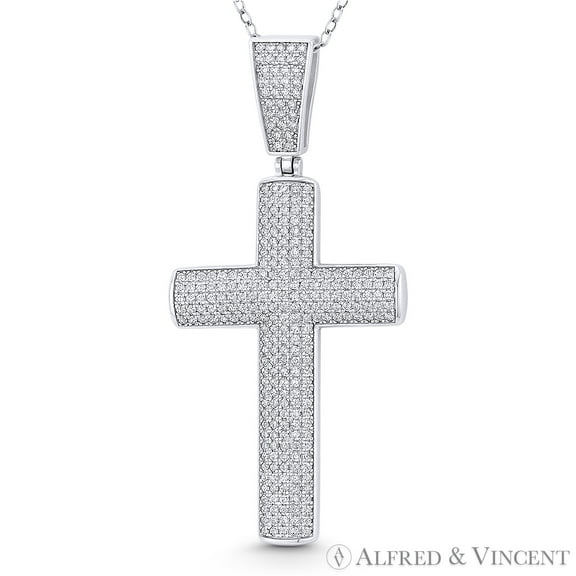 Latin Cross Cubic Zirconia CZ Crystal Pave 54x26mm (2.1x1in) Christian Pendant & Chain Necklace in .925 Sterling Silver w/ Rhodium