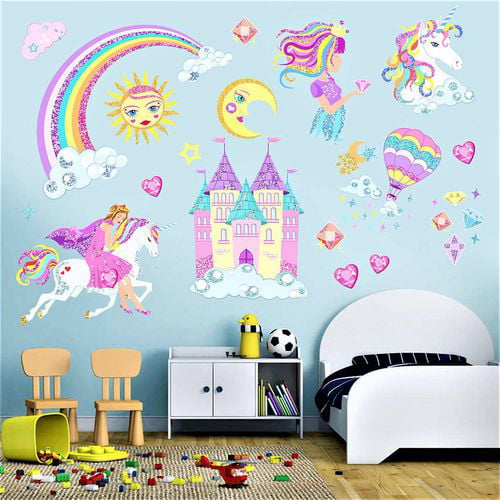 Unicorn Rainbow Wall Decal Watercolor Unicorn Wall Sticker Removable Unicorn Decor Sticker Star Cloud Wall Decals for Kids DIY Room Party Playroom Bedroom Living Room Decoration 