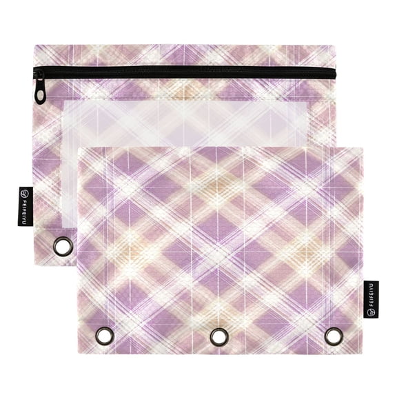 2 Pack 3 Ring Binder Pouch with Clear PVC Window Water Resistant Zipper Pencil Pouch Light Pink Checkered Pattern Binder Pocket for Classroom Office Home Stationery Organization